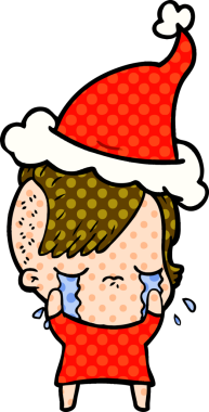 Bir insan tarafından çizilmiş Noel Baba şapkası takan ağlayan bir kızın el çizimi çizgi roman tasviri.