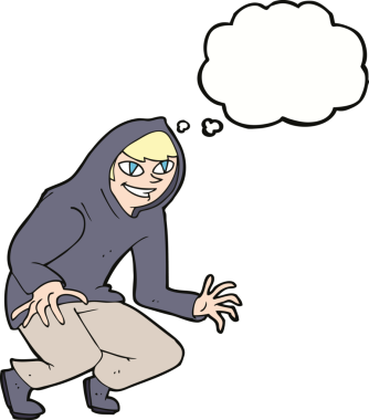 Bir insan tarafından çizilmiş düşünce balonlu kapüşonlu yaramaz çocuk.