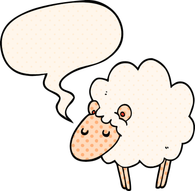 Bir insan tarafından çizilmiş, çizgi roman tarzında konuşma balonu olan bir koyun.