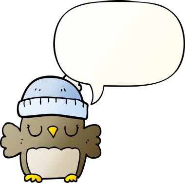 Bir insan tarafından çizilmiş yumuşak eğimli konuşma baloncuğu olan şapkalı sevimli çizgi film baykuşu.