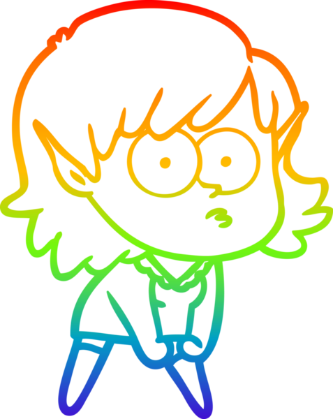 Gökkuşağı gradyan çizgi çizimi. Bir insan tarafından çizilmiş, dik dik bakan bir elf kızı çizimi.