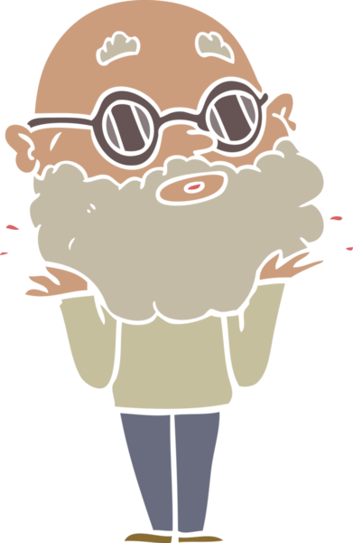 Düz renkli çizgi film meraklısı sakallı ve güneş gözlüklü bir insan tarafından çizilmiş.