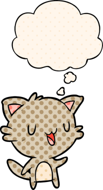 Çizgi roman tarzında bir insan tarafından çizilmiş düşünce baloncuğu olan mutlu bir kedi.