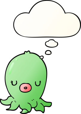 Düşünce baloncuklu çizgi film ahtapotu, bir insan tarafından çizilmiş düzgün eğimli stil.