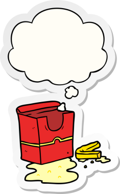 Düşünce baloncuğu olan çizgi film kızartmaları insan tarafından çizilmiş bir çıkartma gibi.