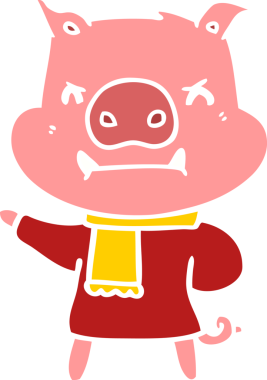 Bir insan tarafından çizilmiş kışın giydirilmiş kızgın düz renkli çizgi film domuzu.