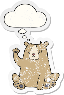 Çizgi film ayısı; insan tarafından çizilmiş yıpranmış bir çıkartma gibi düşünce baloncuğuyla el sallıyor.