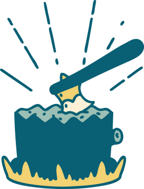 Bir insan tarafından çizilmiş ağaç kütüğünde geleneksel dövme stili baltası.