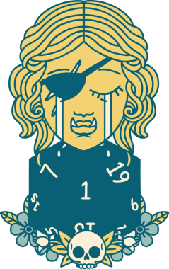 Retro Dövme Tarzı Ağlama Yarı Ork haylaz karakter Doğal bir D20 rulo ile bir insan tarafından çizilmiş