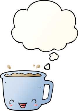 Bir insan tarafından çizilmiş yumuşak eğimli düşünce baloncuklu kahve fincanı.