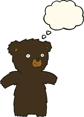 Bir insan tarafından çizilmiş düşünce baloncuğu olan sevimli çizgi film kara ayısı.