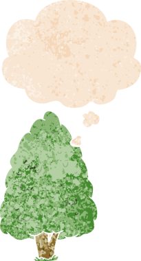 Düşünce baloncuğu ve grunge ile çizgi film uzun ağaç bir insan tarafından çizilmiş sıkıntılı retro desen