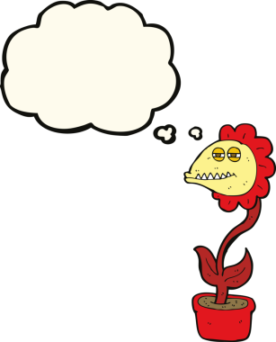 Bir insan tarafından çizilmiş düşünce baloncuklu canavar çiçek.