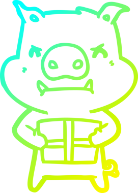 Bir insan tarafından çizilmiş yılbaşı hediyeli kızgın bir domuzun soğuk çizgi çizimi.