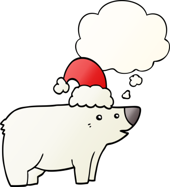 Düşünce baloncuklu noel şapkası takan çizgi film ayısı bir insan tarafından çizilmiş.