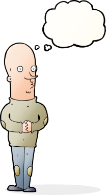 Bir insan tarafından çizilmiş düşünce balonlu komik kel adam.