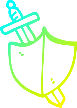 Çizgi film kılıcının ve bir insanın çizdiği kalkanın soğuk eğimli çizgisi.