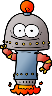 Bir insan tarafından çizilmiş ampullü mutlu karton robot.