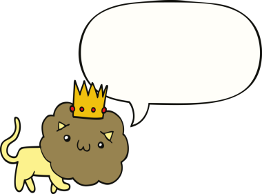 Bir insan tarafından çizilmiş konuşma baloncuklu taç takmış çizgi film aslanı.