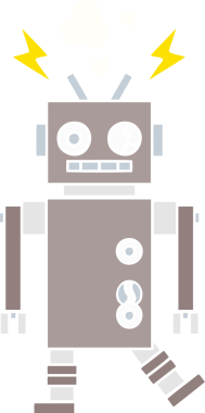 Bir insan tarafından çizilmiş arızalı bir robotun düz renk retro karikatürü