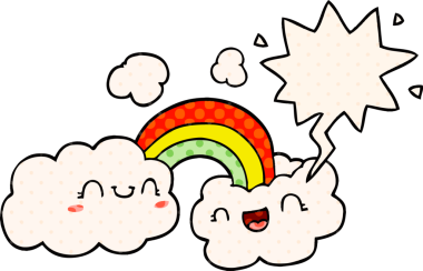 Mutlu karikatür bulutları ve gökkuşağı. Bir insan tarafından çizilmiş çizgi roman tarzında konuşma balonu.