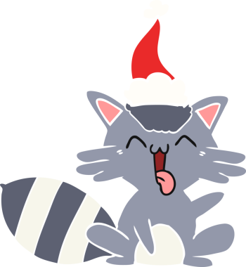 Bir insan tarafından çizilmiş Noel Baba şapkası giyen bir rakunun düz renkli çizimi.