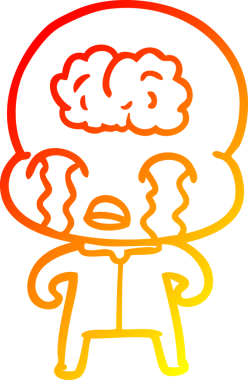 Bir çizgi filmin sıcak çizgi çizimi. Bir insan tarafından çizilmiş ağlayan büyük beyin uzaylısı.