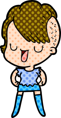 Bir insan tarafından çizilmiş hippi saç kesimli sevimli bir çizgi film kızı.