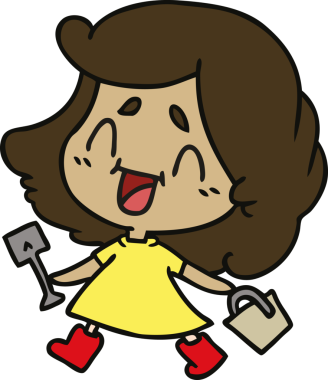 Bir insan tarafından çizilmiş kovalı ve kürekli tatlı kawaii kız çizimi.