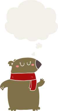 Bir insan tarafından çizilmiş, düşünce baloncuklu eşarplı çizgi film ayısı.