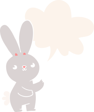 Konuşma baloncuğu olan sevimli çizgi film tavşanı insan tarafından çizilmiş.