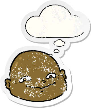 Düşünce baloncuğu olan kel bir adam bir insan tarafından çizilmiş yıpranmış bir çıkartma.