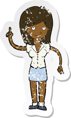 İnsan tarafından çizilmiş bir fikri olan karikatür bir kadının gerilimli retro yapıştırması.