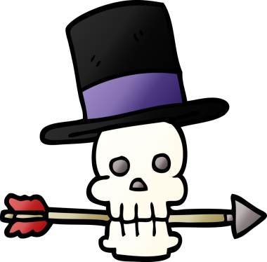 Bir insan tarafından çizilmiş silindir şapkalı ve oklu karalama kafatası.