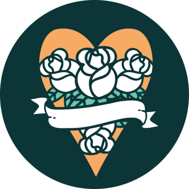 İkonik dövme stili bir kalp ve bir insan tarafından çizilmiş çiçekli pankart.