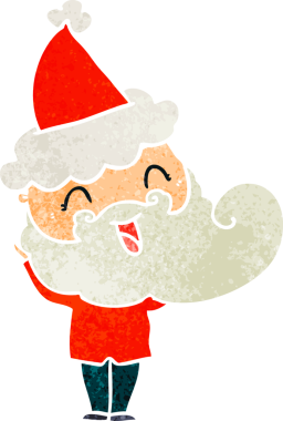 Bir insan tarafından çizilmiş Noel Baba şapkası giyen mutlu sakallı adam.