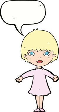 Bir insan tarafından çizilmiş, konuşma balonu olan bir çizgi film kadını.