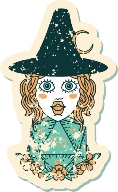 Bir insan tarafından çizilmiş doğal yirmi zarlı bir cadının grunge çıkartması.