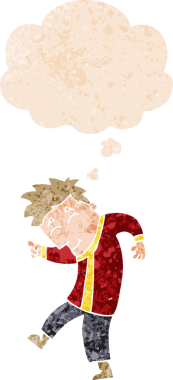 Düşünce baloncuğu olan çizgi film dansçısı, bir insan tarafından çizilmiş dertli eski moda bir stil.