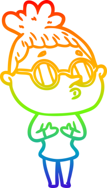 Gökkuşağı gradyan çizgi çizimi bir insan tarafından çizilmiş gözlük takan bir kadın.