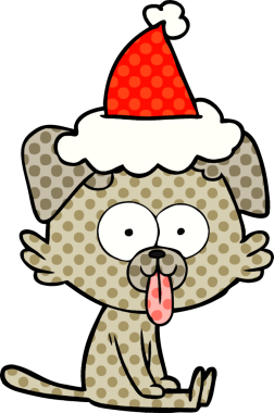 Bir insan tarafından çizilmiş Noel Baba şapkası giymiş, dili dışarıda oturan bir köpeğin el çizimi çizgi roman tasviri.