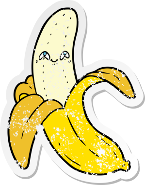 Bir insan tarafından çizilmiş kederli bir çizgi film etiketi çılgın mutlu bir muz