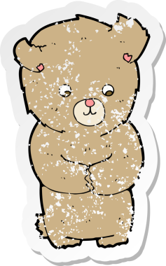 Bir insan tarafından çizilmiş sevimli bir oyuncak ayının gerilimli retro çıkartması.