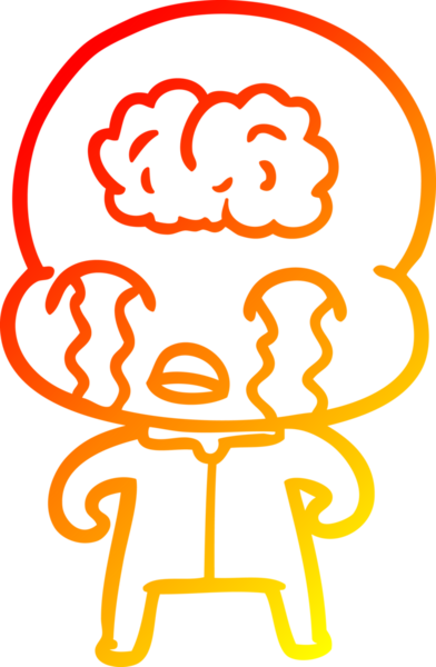 Bir çizgi filmin sıcak çizgi çizimi. Bir insan tarafından çizilmiş ağlayan büyük beyin uzaylısı.