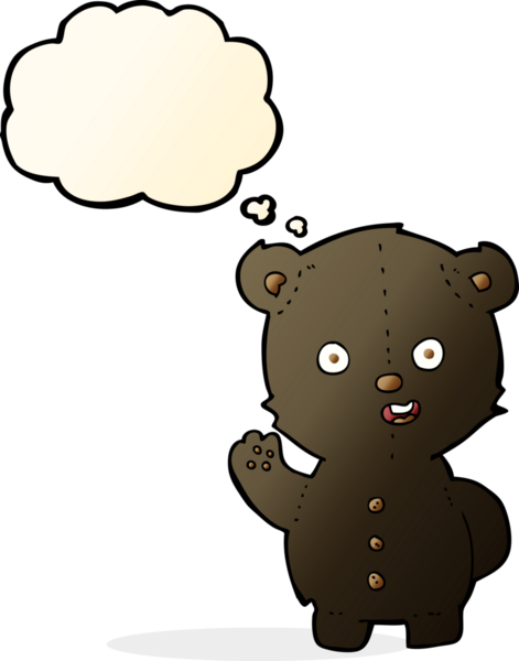 Bir insan tarafından çizilmiş düşünce baloncuğu olan sevimli çizgi film kara ayısı.