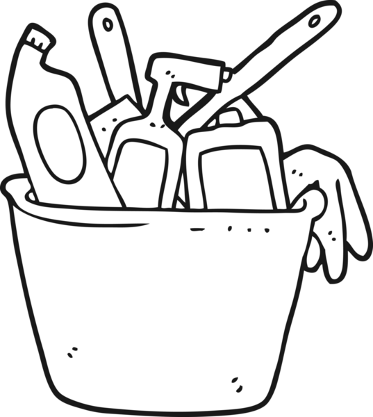 Temizlik ürünleri bir insan tarafından çizilmiş siyah beyaz çizgi film