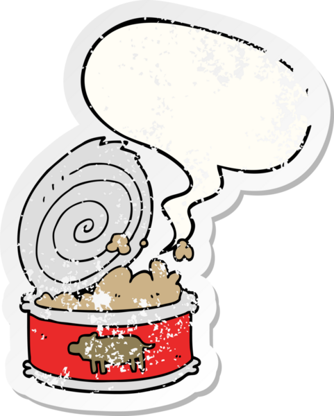 Bir insan tarafından çizilmiş karikatür, konuşma baloncuklu konserve yiyecekler sıkıntılı eski bir çıkartma