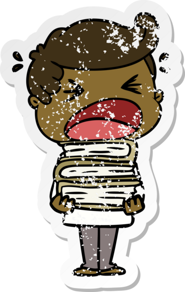 Bir insan tarafından çizilmiş kitap yığınıyla bağıran bir karikatür çıkartması.