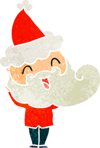 Bir insan tarafından çizilmiş Noel Baba şapkası giyen mutlu sakallı adam.