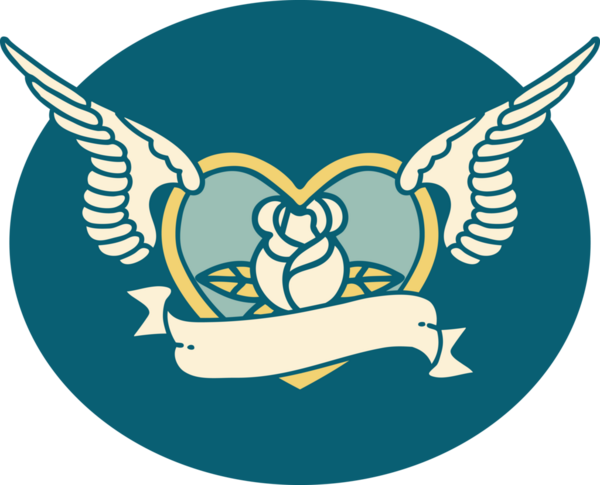 Bir insan tarafından çizilmiş çiçek ve bayrak ile uçan bir kalbin ikonik dövme görüntüsü